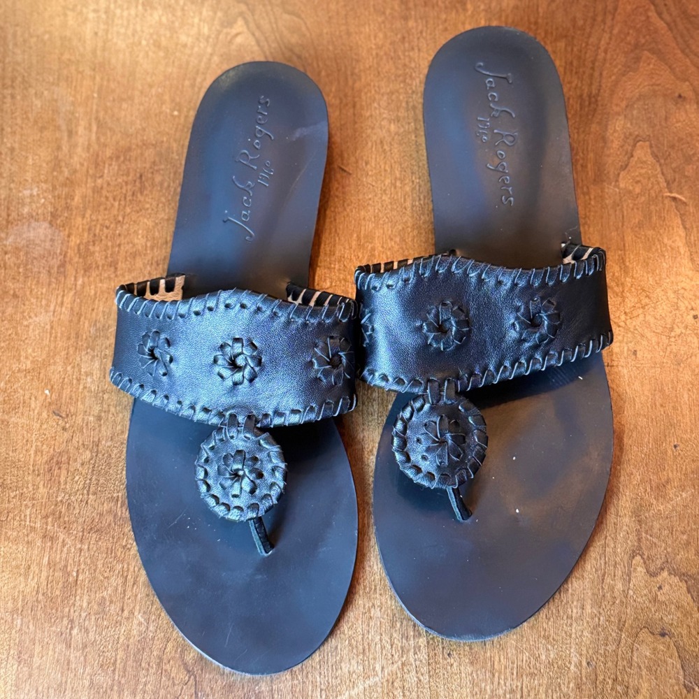 Jack Rogers Sandals Womens 10 Black Jacks Flat Leather Whipstitch Rondelle Thong - Picture 2 of 6